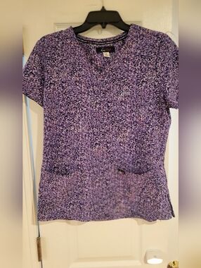 koi Purple Leopard Print V-Neck Scrub Top